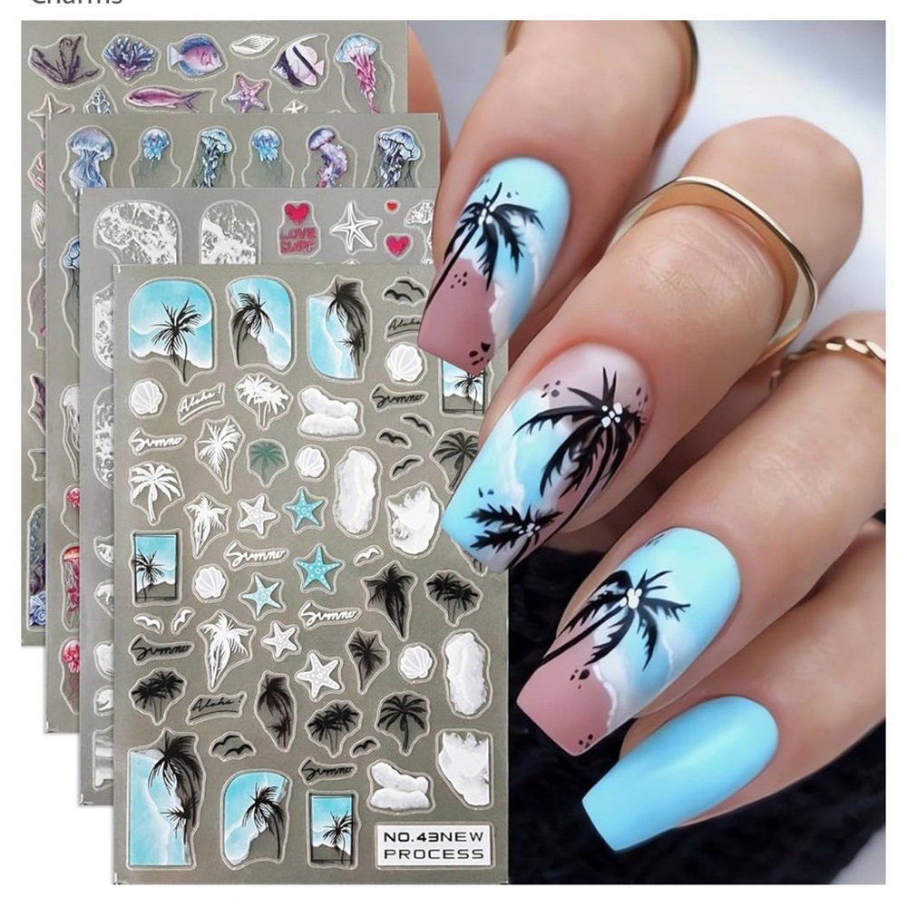 Summer Nail Stickers Ocean Theme Nail Decals 4PCS 3D